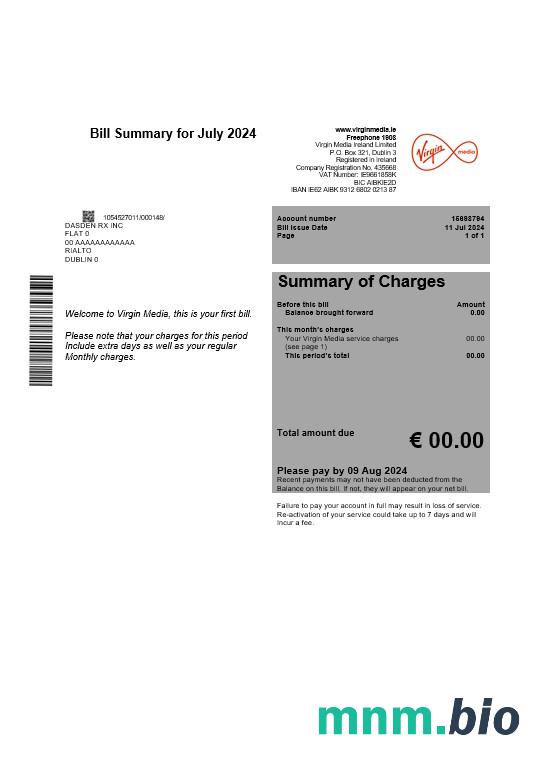 Irlandia Virgin Media rachunek za usługi komunalne szablon edytowalny w programie Word i PDF, Wersja 1